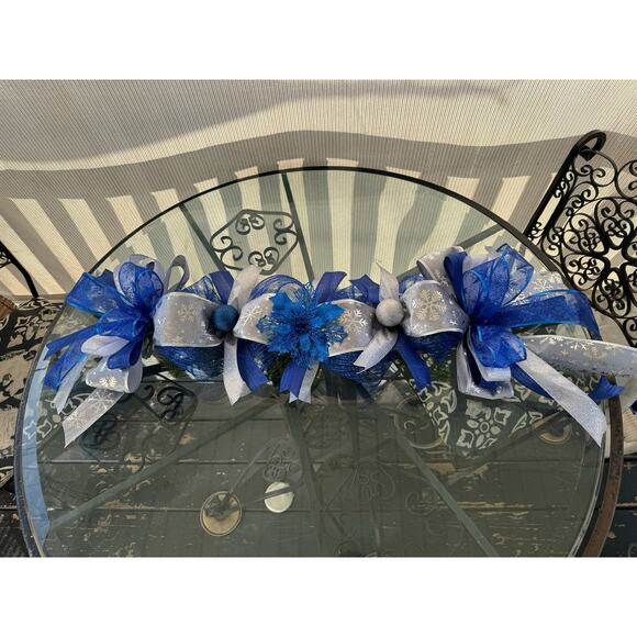 Blue and Silver Centerpiece Table Runner Mailbox Swag Topper Christmas Decor - Picture 2 of 6